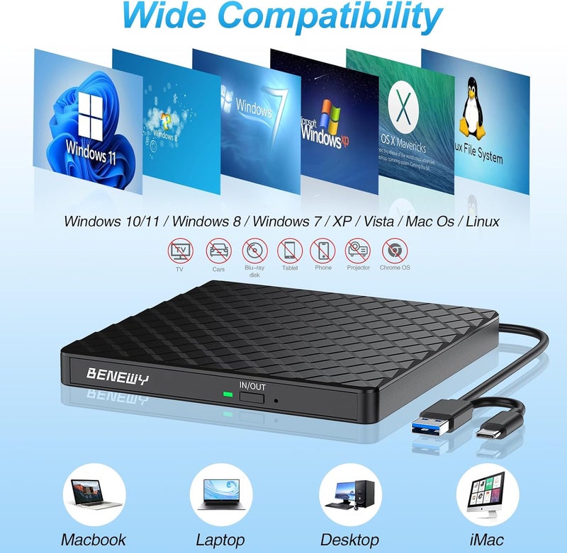 BENEWY External CD DVD Drive for Laptop, USB 3.0 USB C CD Burner DVD/CD ROM Drive Reader External DVD Drive DVD Player for Laptop Desktop PC Windows 11/10/8.1/7 MacBook Mac Linux OS Apple Black - Image 2